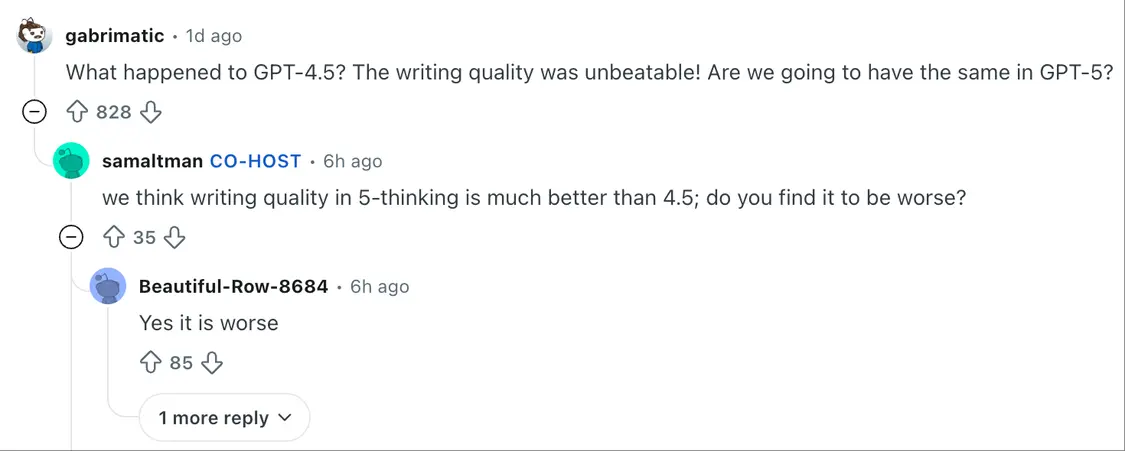 “最強模型”GPT-5發布后評價褒貶不一,奧特曼回應 一些用戶認為GPT-5寫作更差