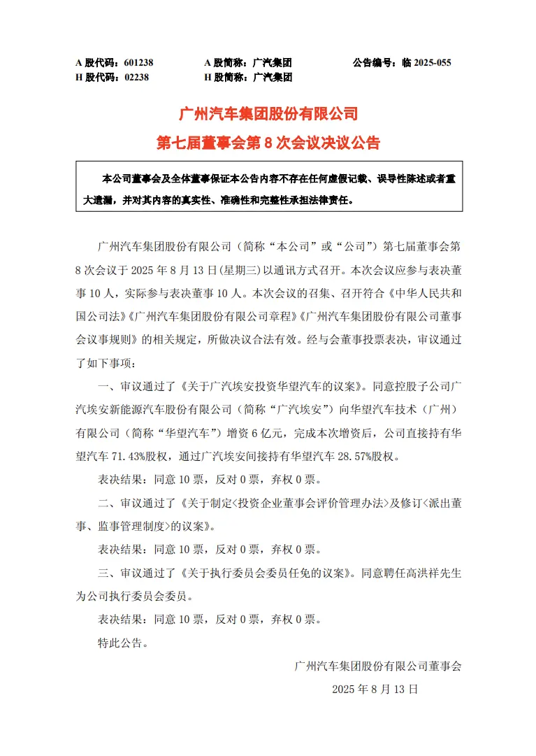 廣汽集團(tuán):同意廣汽埃安向華望汽車增資6億元 廣汽集團(tuán):同意廣汽埃安向華望汽車增資6億元