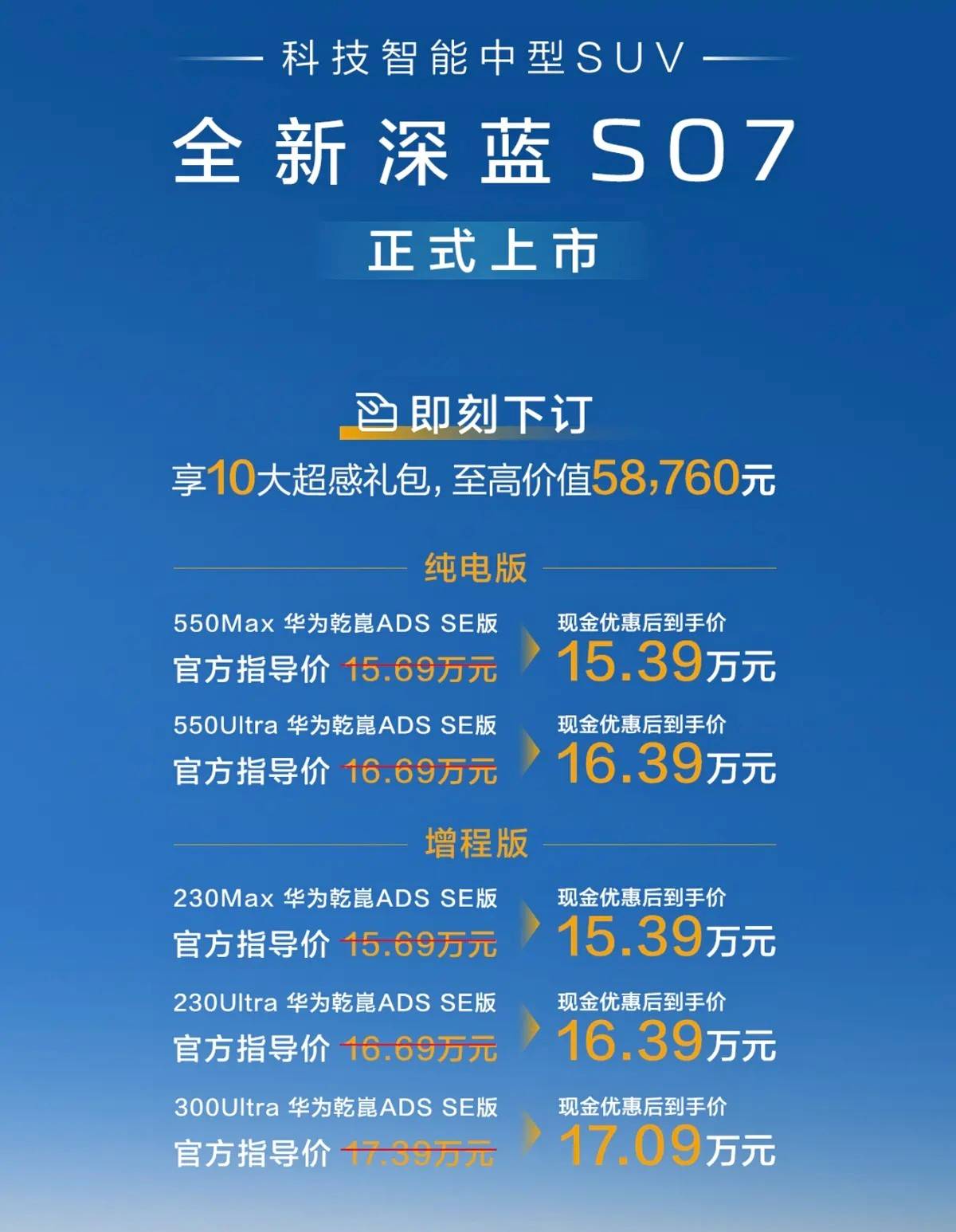 15.39萬(wàn)起,2026款深藍(lán)S07上市!中型SUV,增程/純電,配華為智駕